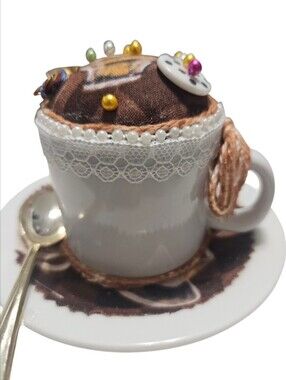 Pier 1 Demitesse Cup, Saucer & Spoon Recycled into  A Pincushion